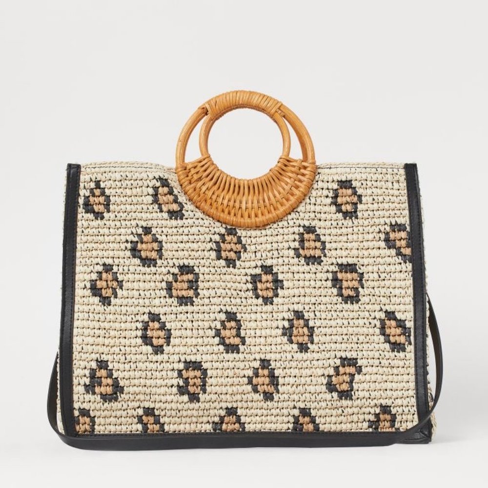 H&M Leopard Print Paper Straw Tote/Handbag/Crossbody Bag